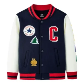 Color-blocked Embroidered Baseball Jacket Asia Sizing “Navy White Red”