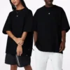 Solid Color Loose Round Neck Short Sleeve Couple Style Black